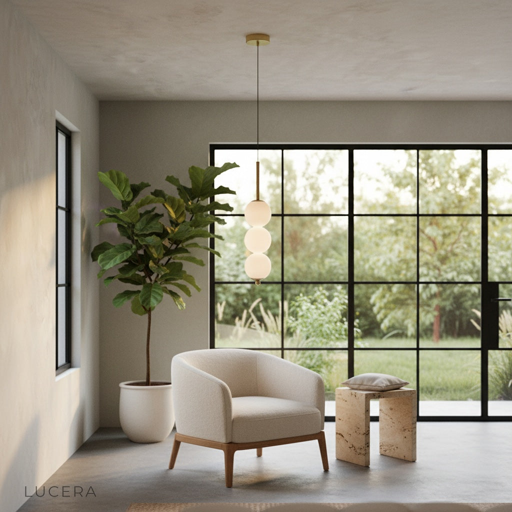 Meridian Pendant Light in stylish reading nook with armchair and warm ambient glow