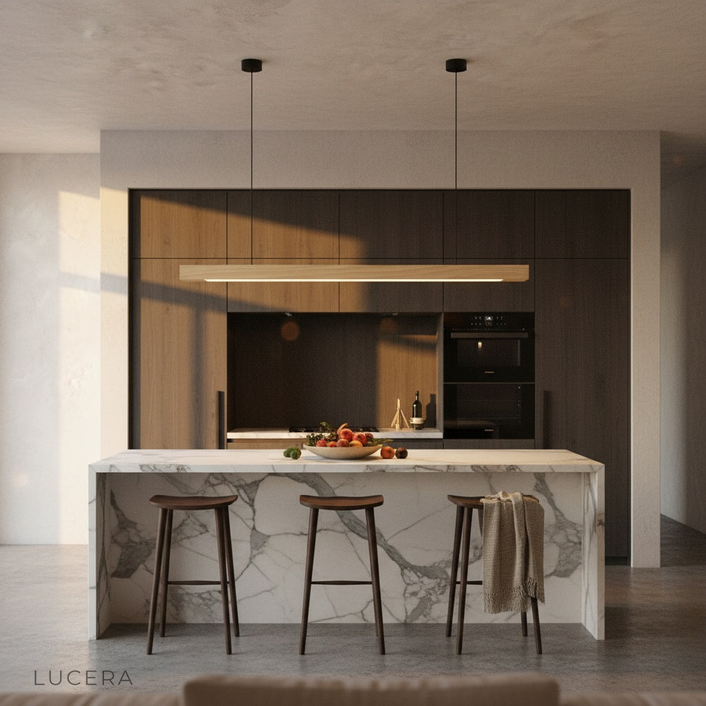 scandinavian-style pendant light over a kitchen island, black walnut wood and warm light