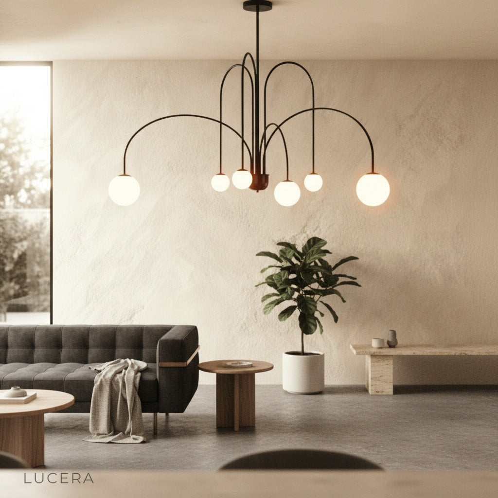 Unico Chandelier in grand foyer with double-height ceiling and warm light