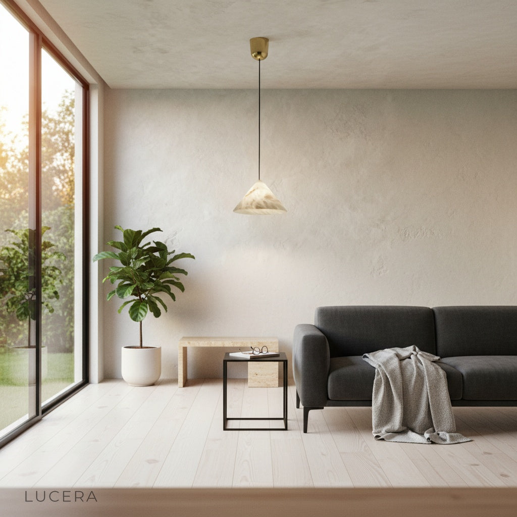 Lucera pendant light glowing in a calm spa-like bathroom, reflecting soft light on white marble surfaces