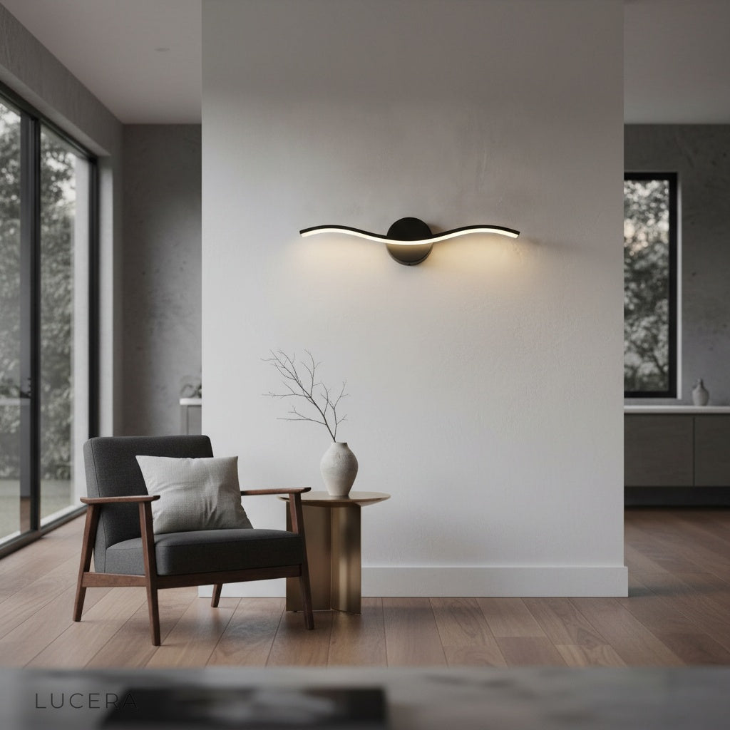 nighttime shot of volcanic wall lamp creating dramatic wave shadows in bedroom corner