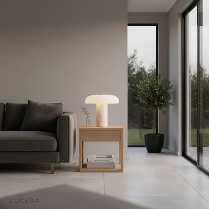 Beatrice table lamp casting warm ambient light in a sophisticated lounge with marble and iron details