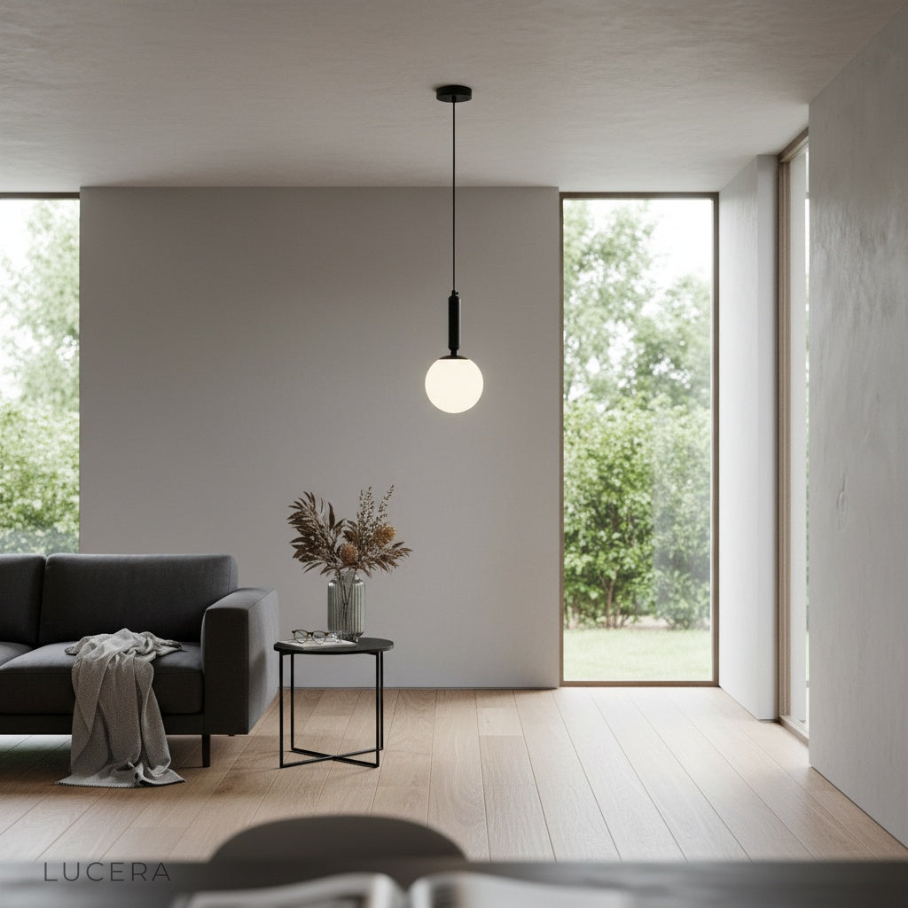 Yvaine pendant light as focal point in stylish reading nook with soft lighting
