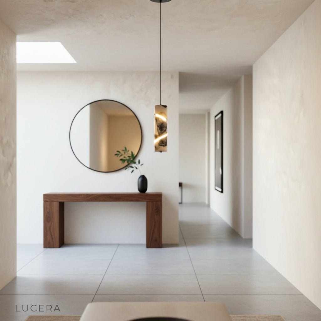 Nighttime ambient shot of the marble cylinder pendant light casting warm light in a dark corner