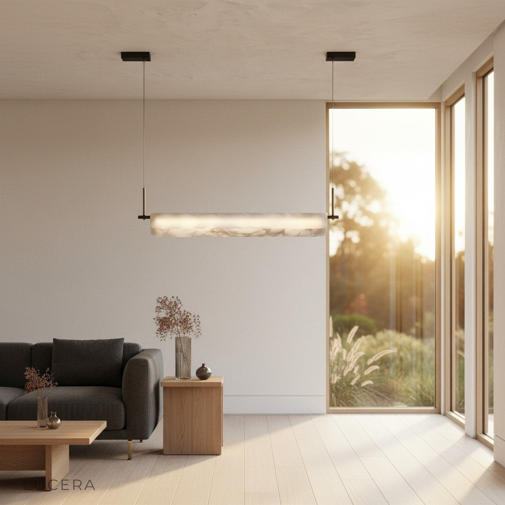 Evening lifestyle shot of the Parlor alabaster pendant light in a stylish entryway