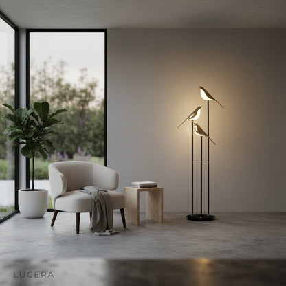 Lucera Edmund Floor Lamp styled in elegant entryway at dusk, zinc alloy body and soft illuminated shade