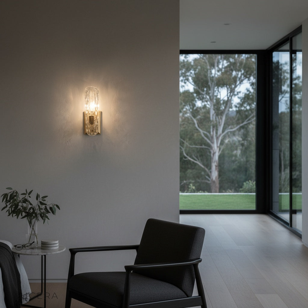 Jubilant Wall Lamp sculpted glow above sofa in elegant evening interior