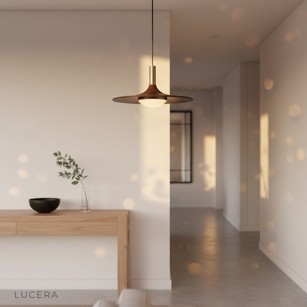 Juju pendant light in a contemporary entryway with soft glow and architectural backdrop
