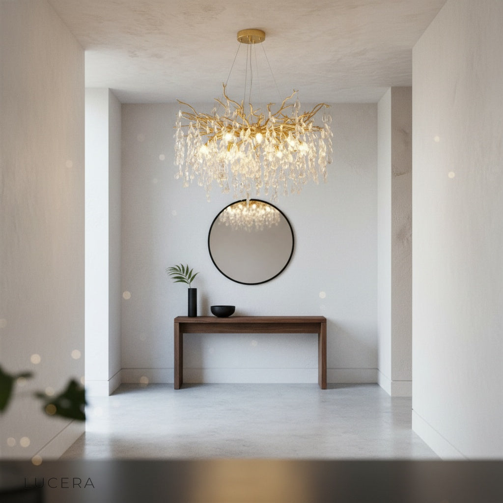 crystal leaf chandelier as focal point in upscale living space