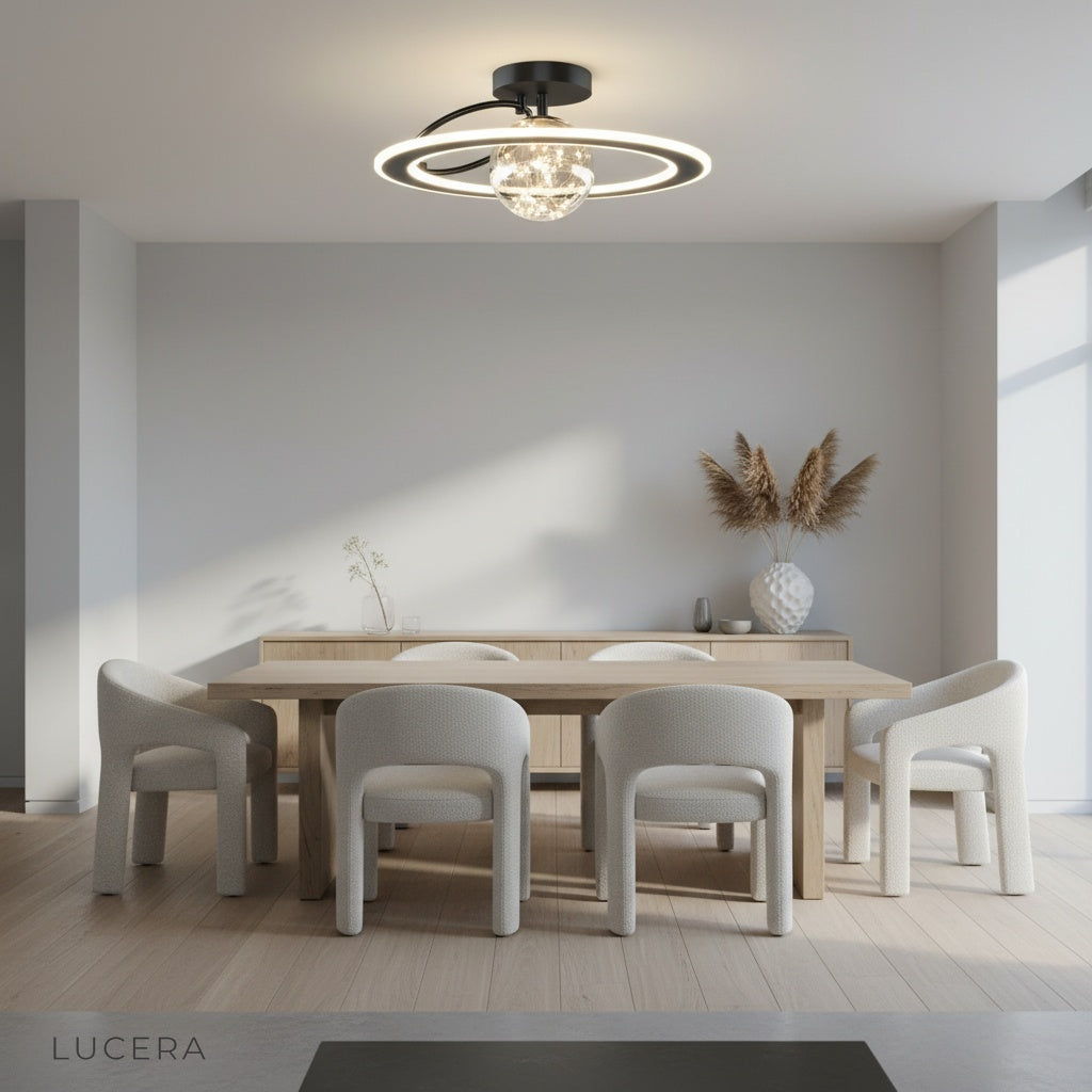 Gadroon ceiling light in hallway with glass sphere reflecting soft LED light