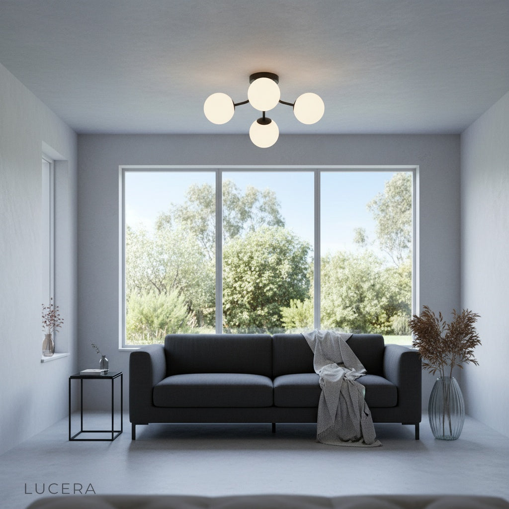 Crypt ceiling light with warm bulbs in a Scandinavian-style bedroom setting