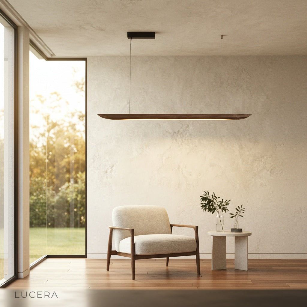 Nighttime lifestyle shot of the Fauvist pendant light glowing in a minimalist hallway with concrete walls
