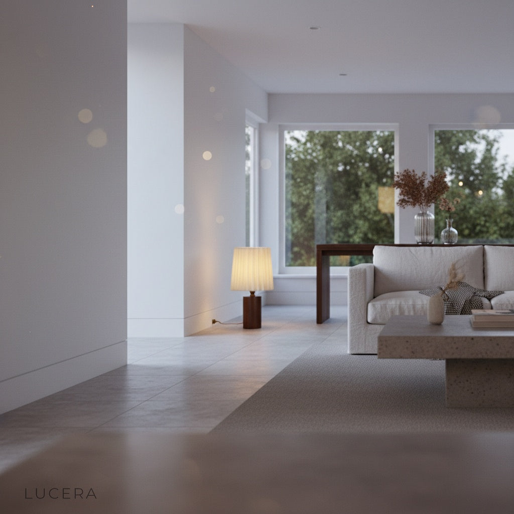 Pandora Table Lamp on bedside table in elegant guest room with soft shadows and cozy sophisticated atmosphere