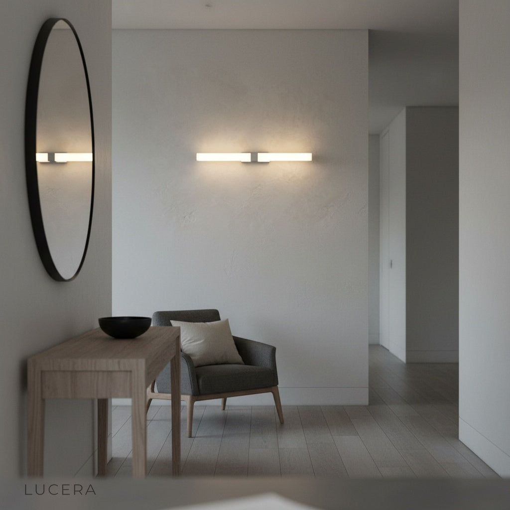 elegant stainless steel and PS lamp casting soft glow on tiled wall