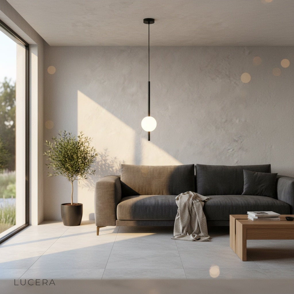Overhead view of pendant light illuminating a styled coffee table vignette