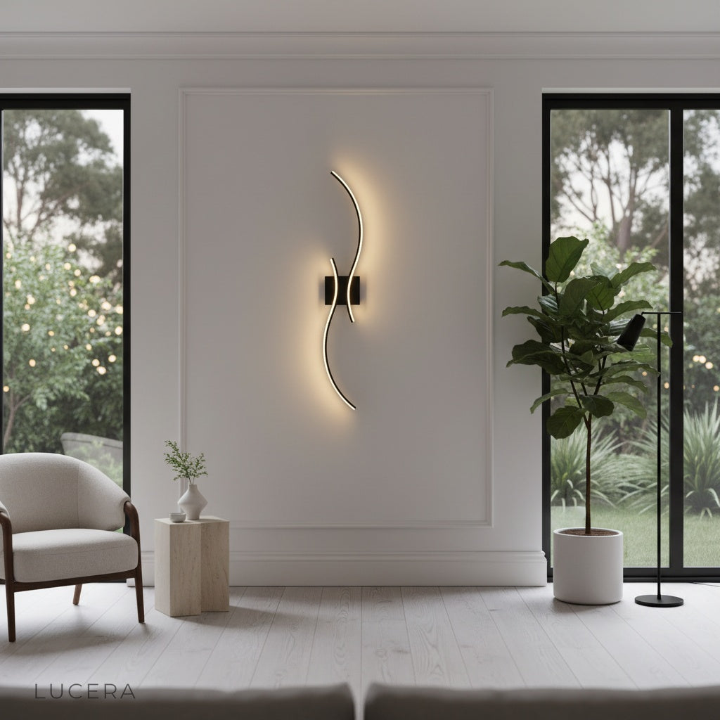 modern metal wall lamp in cozy reading nook casting warm light on textured wall
