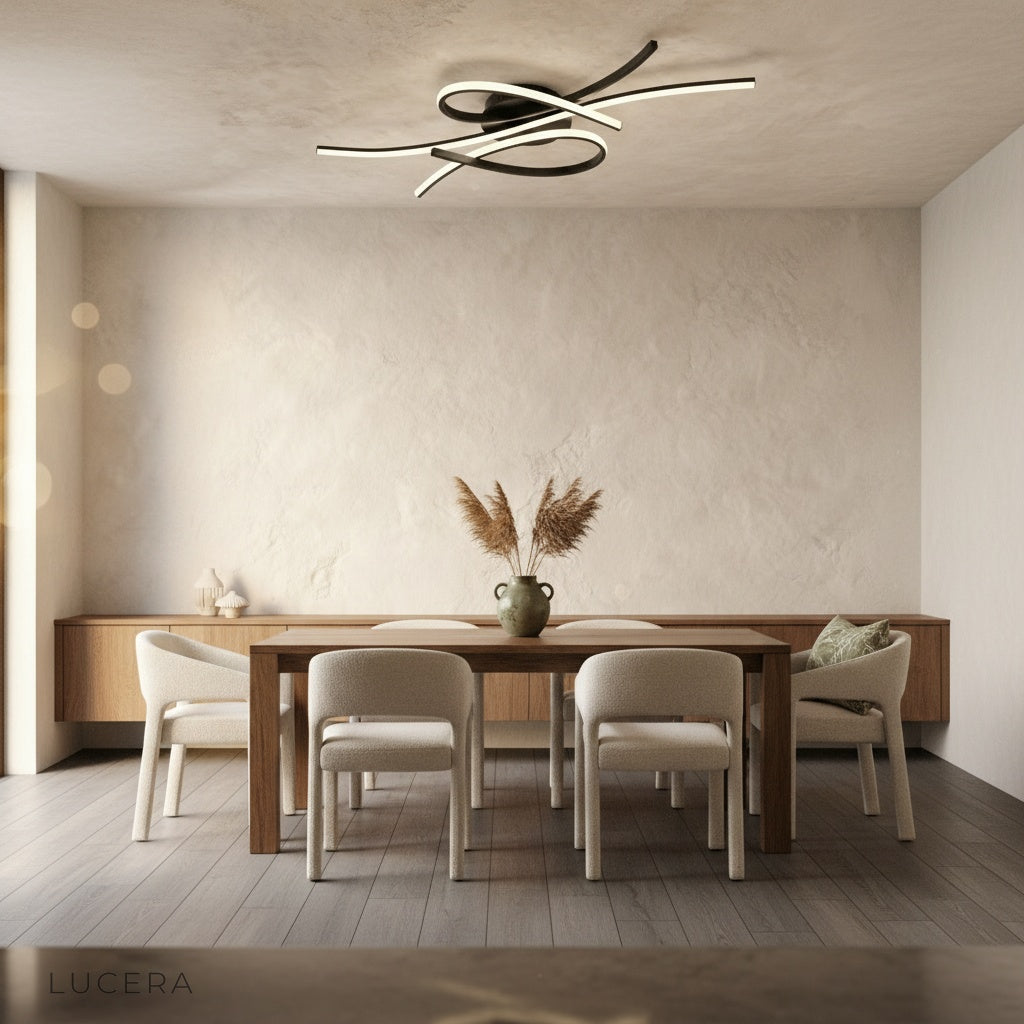 luxurious living room with floating LED art piece as focal point