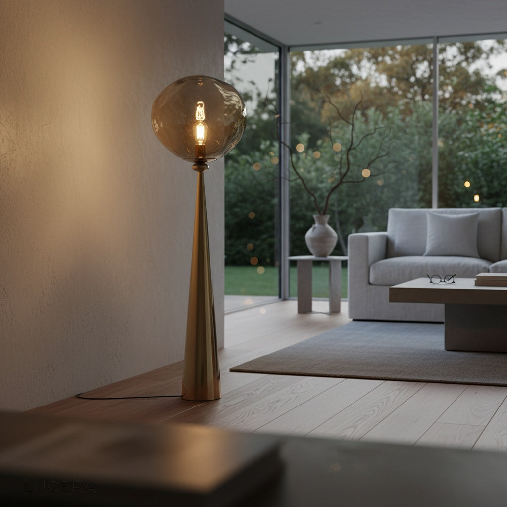 Bastion floor lamp in dark room with dramatic luminous acrylic effect