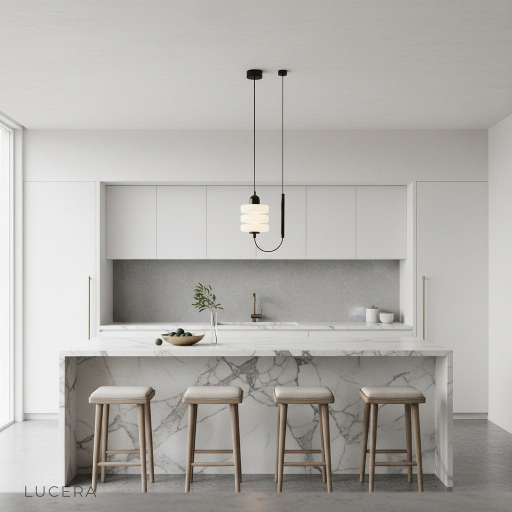 Bastian pendant light in a hallway with black iron frame contrasting against light walls and wood floor