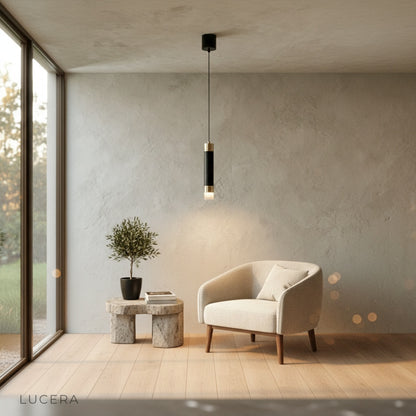 boudoir pendant light lit at night in minimalist hallway with gold ceiling mount