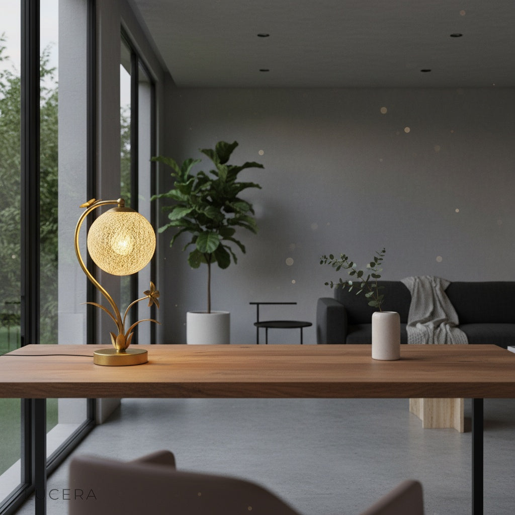 Domenica Table Lamp glowing in dark corner of elegant lounge, frosted orb casting cozy shadows