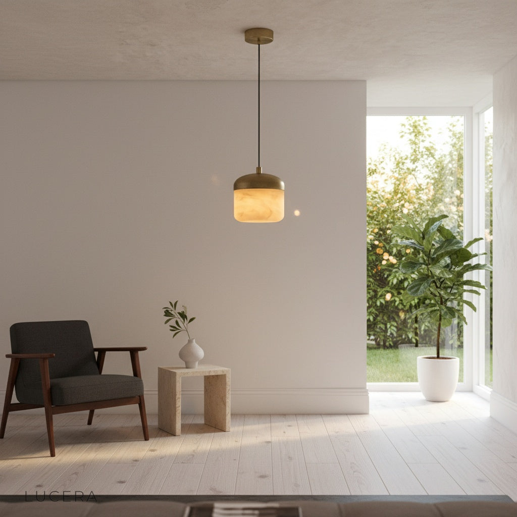Energico alabaster and copper pendant light styled in a bright breakfast nook