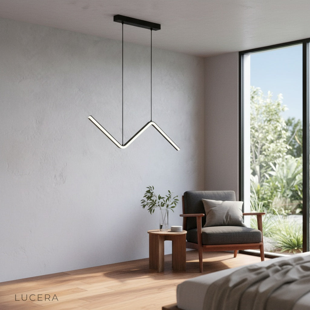 Grisaille pendant light as striking centerpiece in cozy neutral-toned lounge