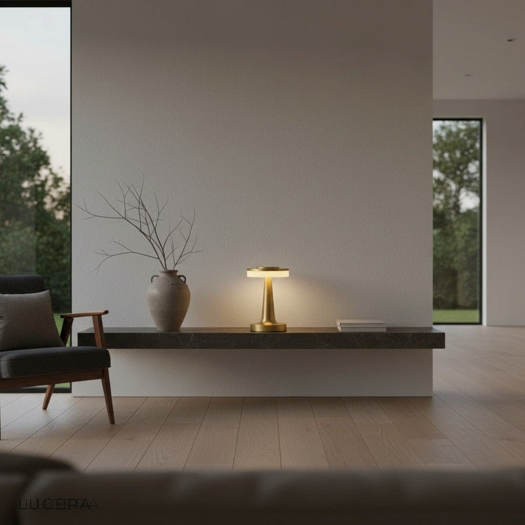 Citadel lamp in cool white mode on kitchen counter, highlighting aluminum finish and compact size