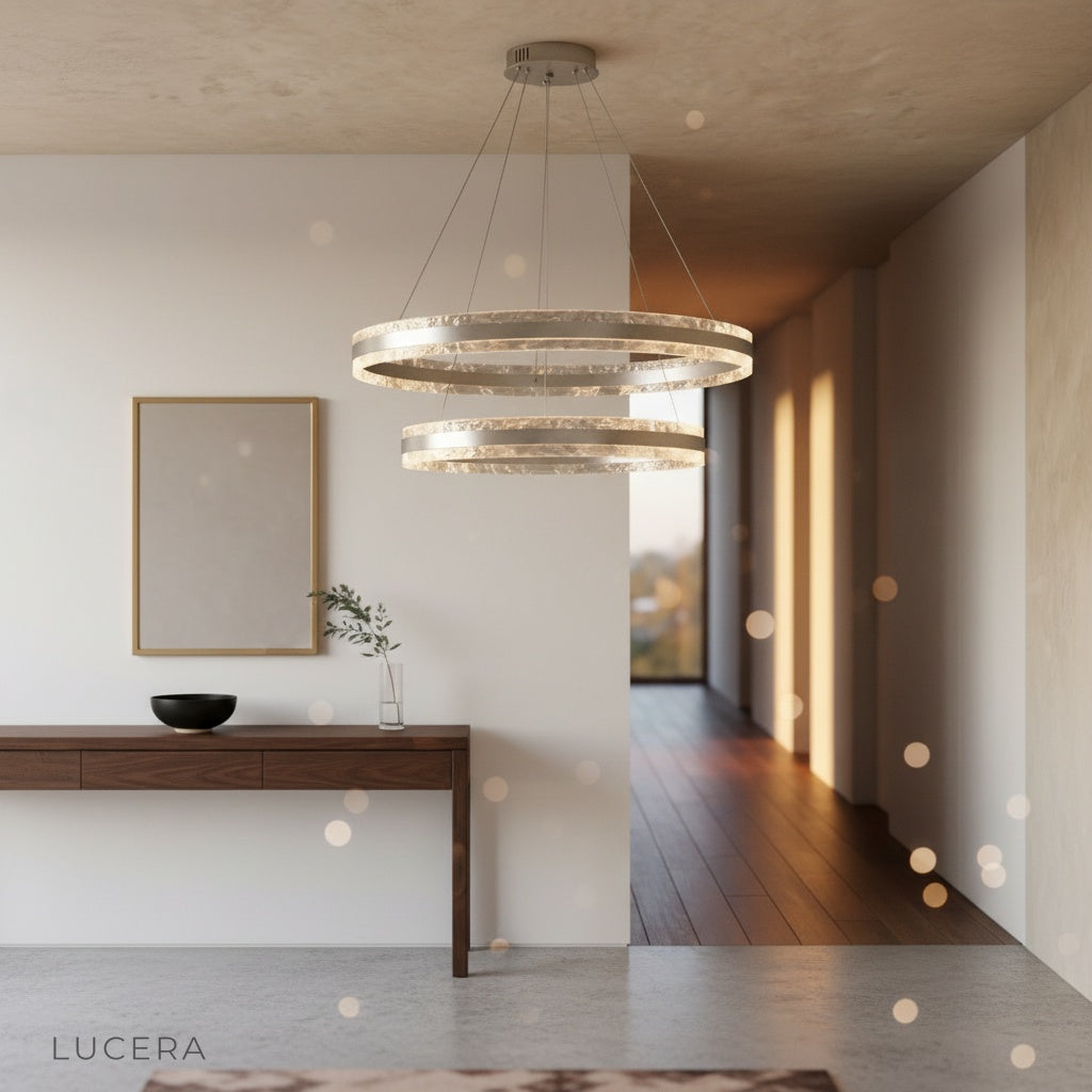 Bacchus Round Chandelier glowing at night in a dark elegant dining room with candles