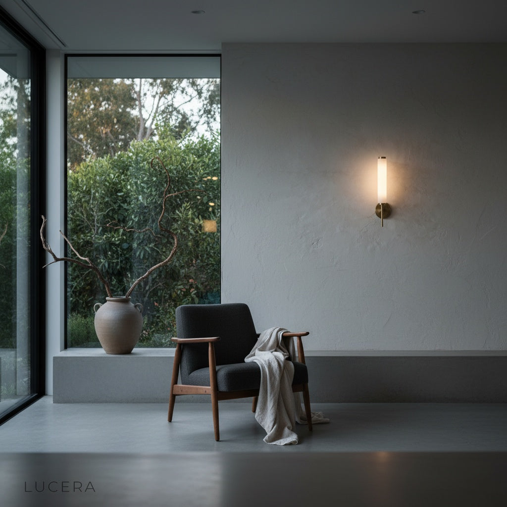 Boreas wall lamp glowing softly in a spa-like bathroom with stone tiles and towel rack