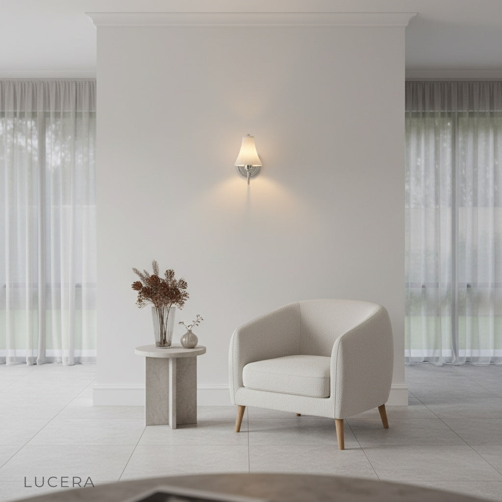 Hearth Wall Sconce illuminated at night in modern living room with soft glow