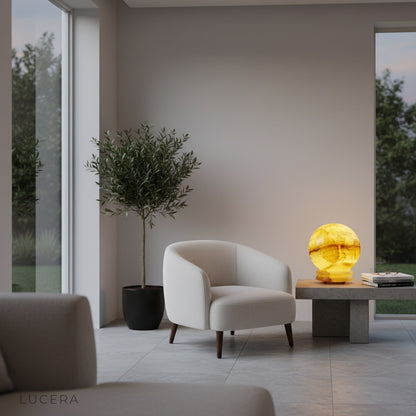 Tantalize Fornax lamp glowing softly on bedside table at night in cozy bedroom setting