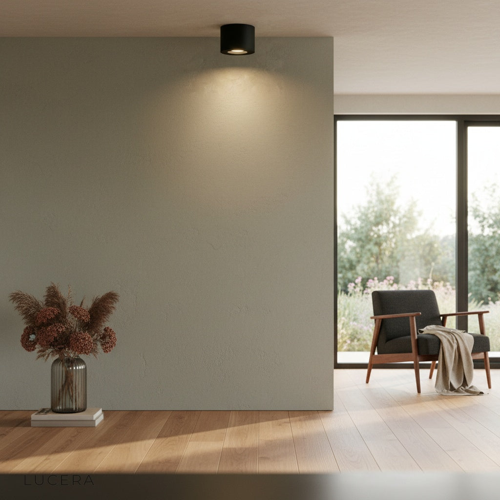 energy-efficient heat downlight highlighting artwork in stylish dining area