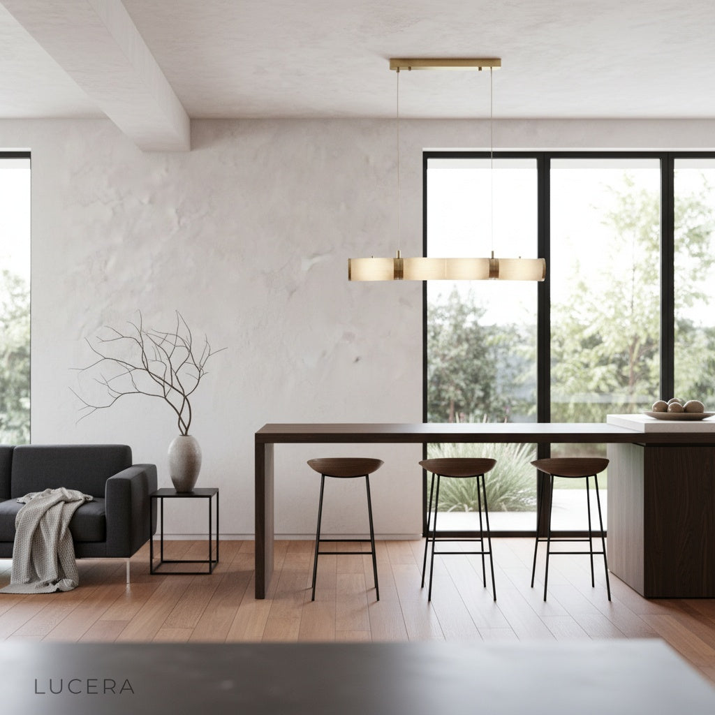 Lucera linear fixture styled over rustic wooden counter with soft daylight
