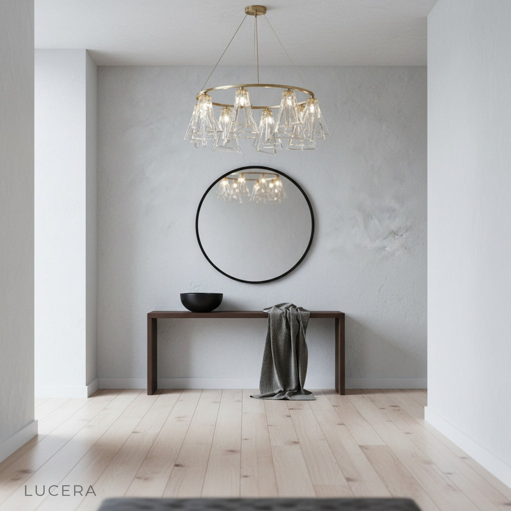 Bruma Chandelier hanging in a luxurious hallway with soft shadows and reflective crystal highlights
