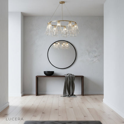 Bruma Chandelier hanging in a luxurious hallway with soft shadows and reflective crystal highlights