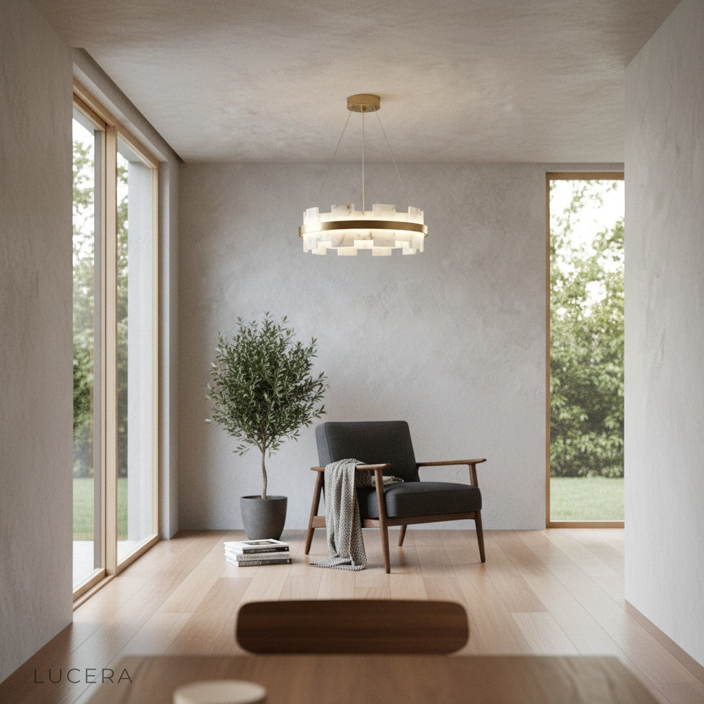 Ablution chandelier hanging in a minimalist dining room with warm light reflecting on wooden table