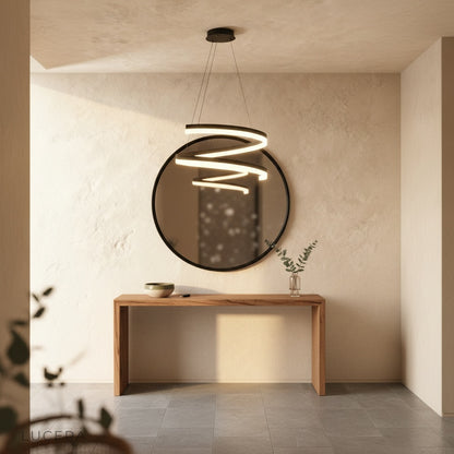 Dramatic low-angle view of Hypnotize pendant light in dark modern lounge setting