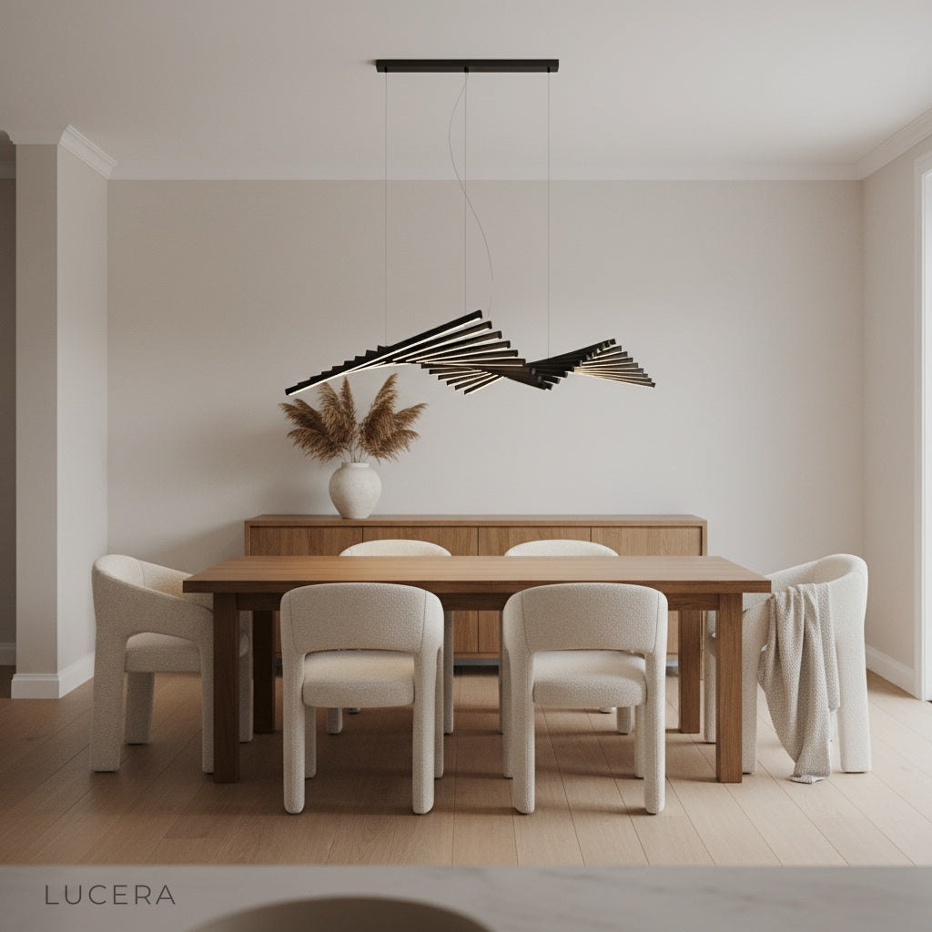 Echo Chandelier casting warm ambient light over a dining area at night