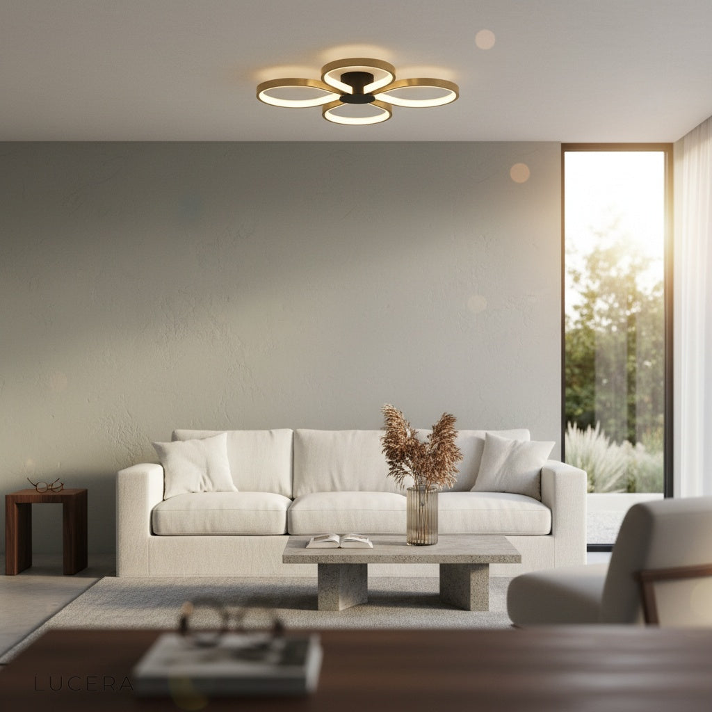 Lucera brass ceiling light glowing warmly in a modern bedroom with neutral tones