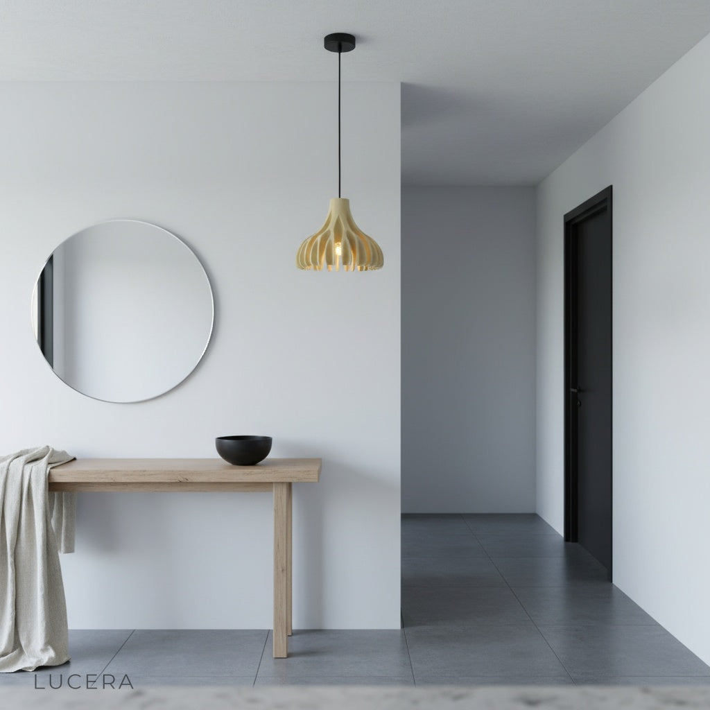 Thibault coral pendant light hanging in minimalist bedroom at night