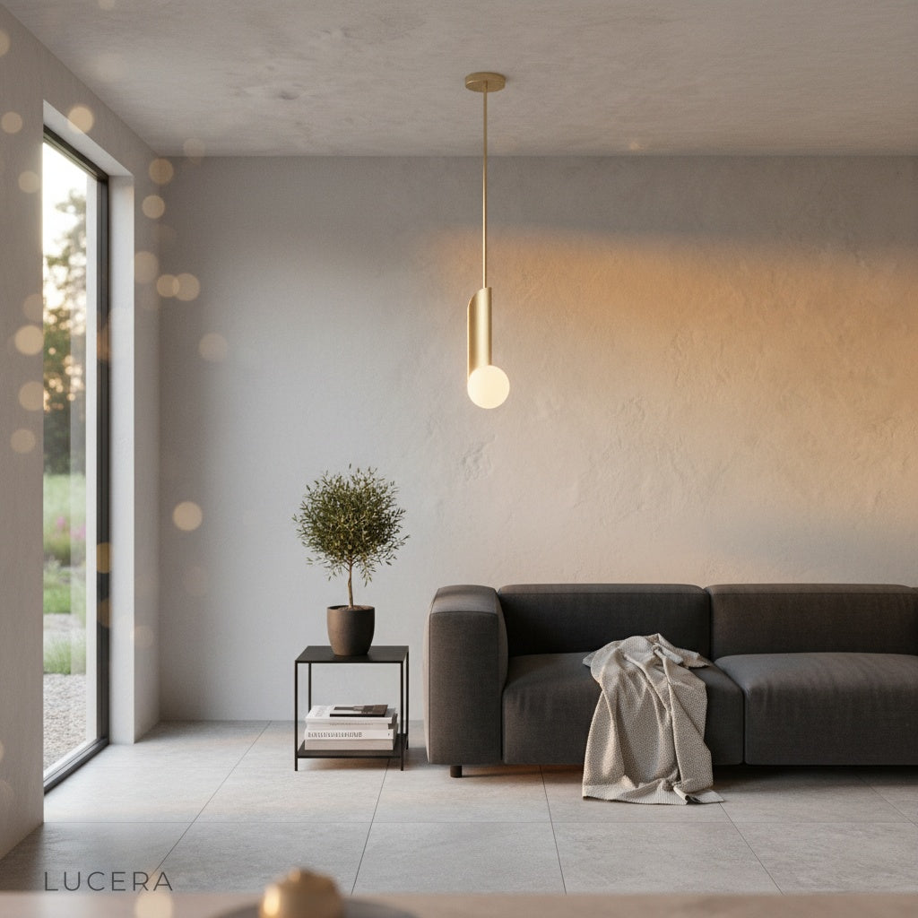 nighttime lifestyle shot of Yancy pendant light over a bedside table with warm inviting atmosphere