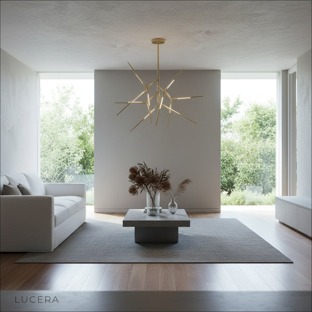 Ballad Chandelier glowing at night in moody dining room with warm ambient light