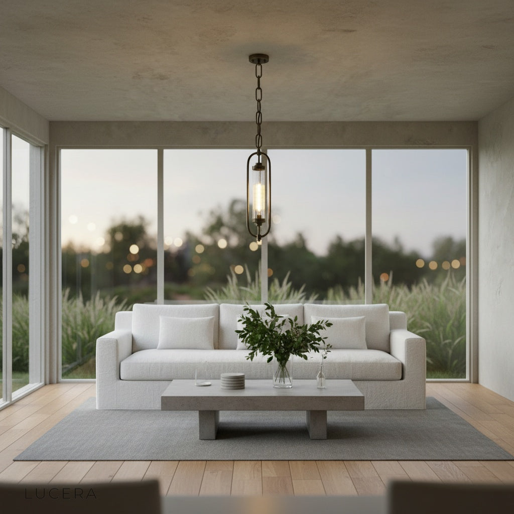 nighttime ambient shot of Lucera Zigzag pendant lamp in dark room with dramatic shadows