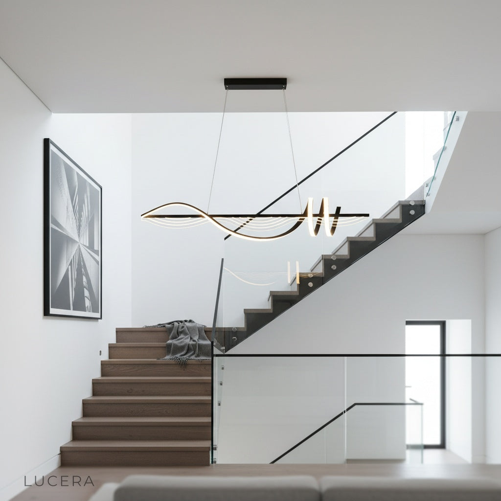 white Ulysse chandelier with adjustable wire hanging above contemporary entryway table