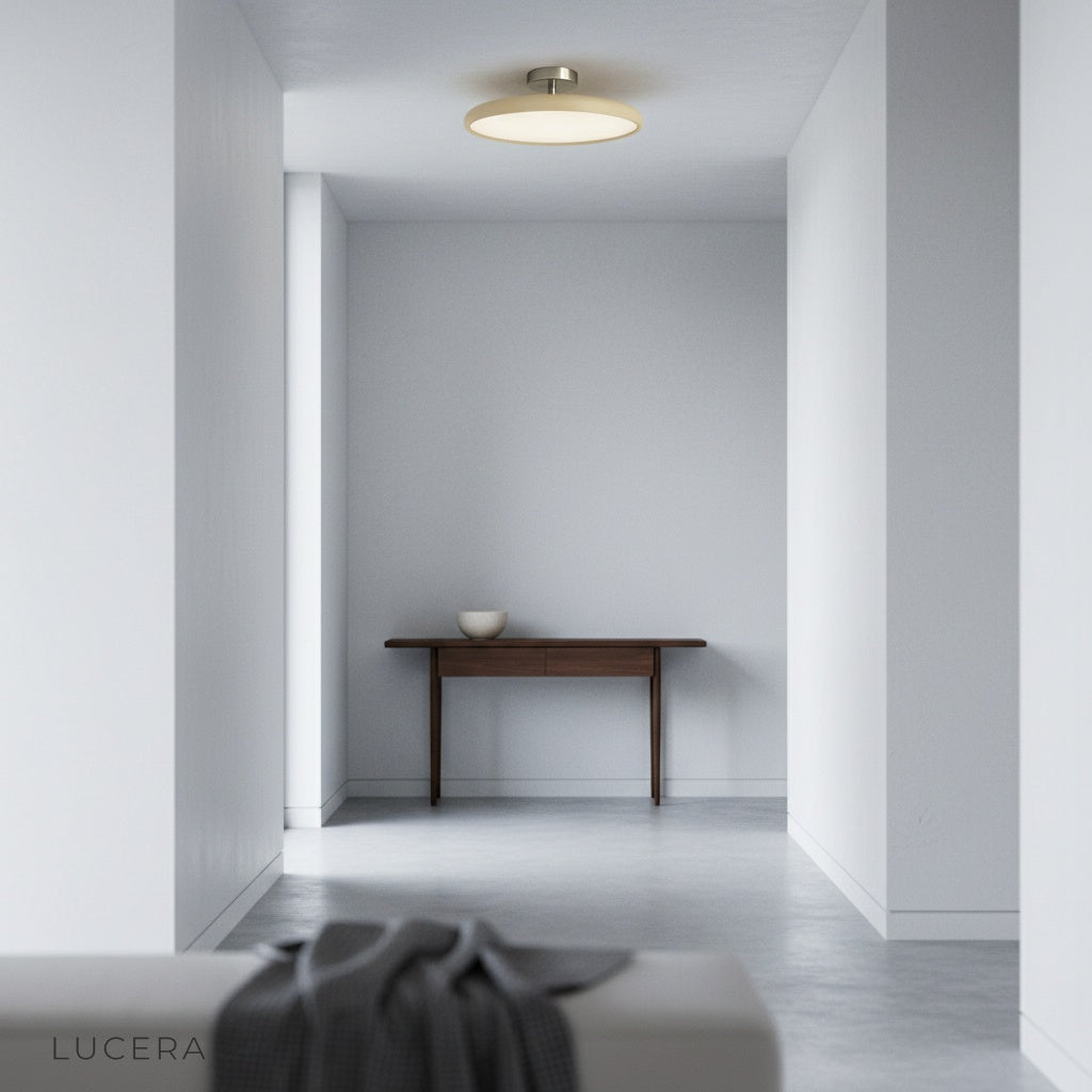 Jubilate ceiling light night scene casting soft shadows in contemporary room