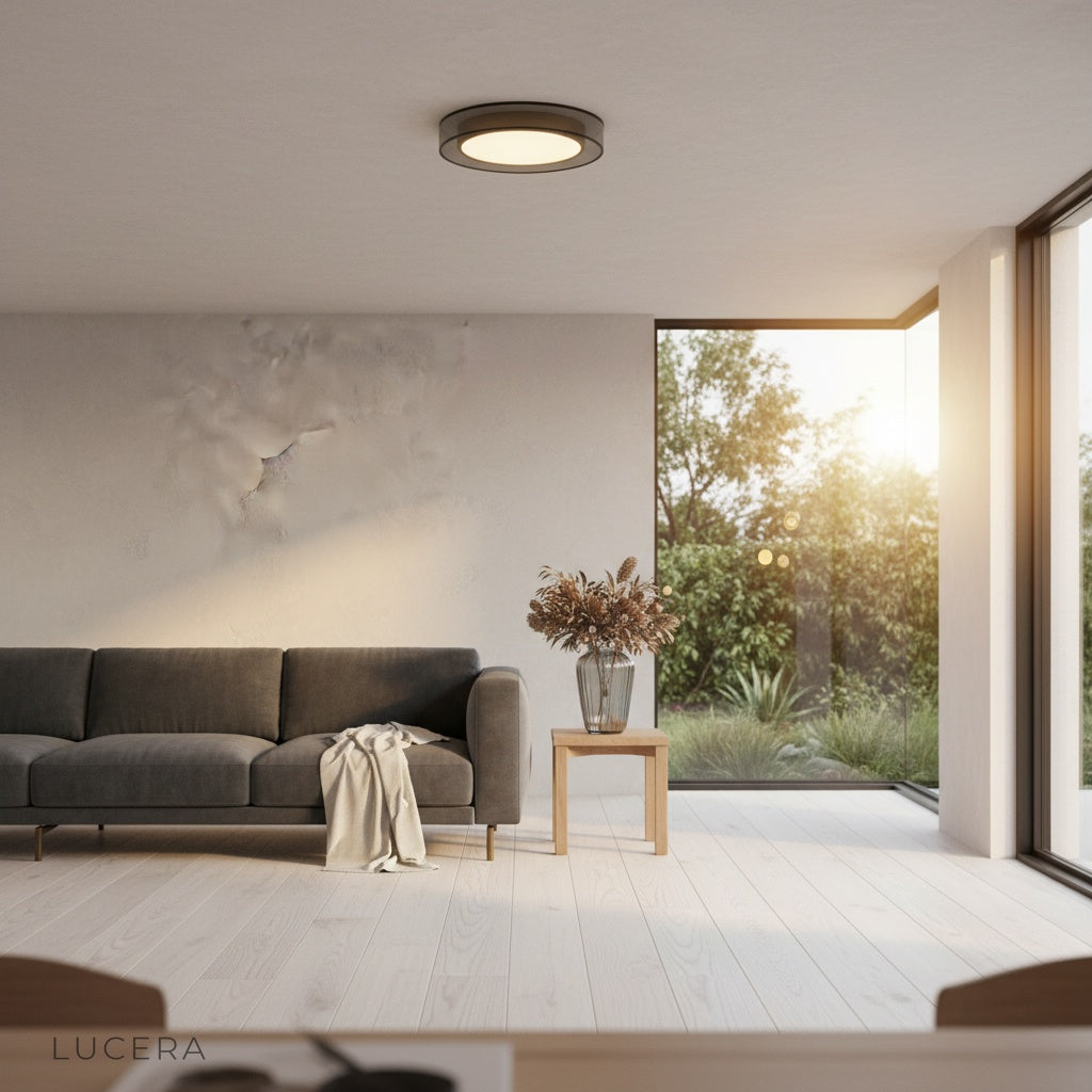 Alaric ceiling light casting a soft halo in a stylish lounge at nighttime