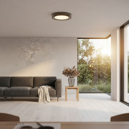Alaric ceiling light casting a soft halo in a stylish lounge at nighttime