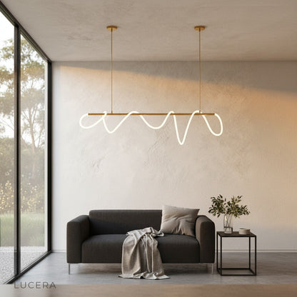 cable chandelier with spiral LED tube highlighting contemporary hallway