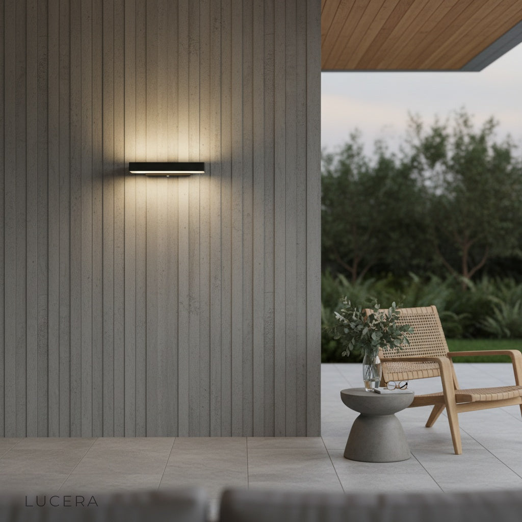 close-up of brushed aluminum fixture showing IP54 sealed joint and integrated LED strip
